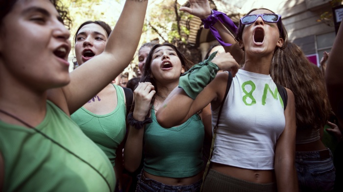 Activists sing during a rally to support women's rights on International Women's Day in Buenos Aires, March 8, 2023.