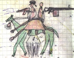 A young refugee from Darfur's depiction of a Janjaweed militia attack (� Human Rights Watch).