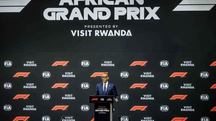  Rwanda's President Paul Kagame delivers remarks during the announcement of the Formula 1 African Grand Prix at BK Arena in Kigali on October 13, 2026.