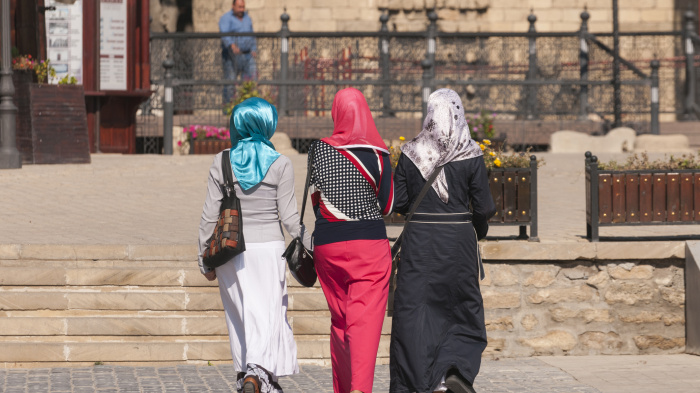 Three Azerbaijani women wearing headscarves in Baku, Azerbaijan.