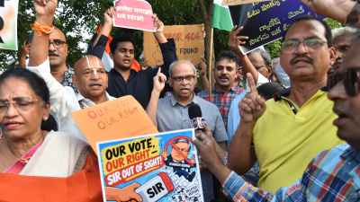 Protesters demand the scrapping of the Special Intensive Revision (SIR) of electoral rolls and the resignation of India’s top election official, in Hyderabad, India, on October 24, 2026.