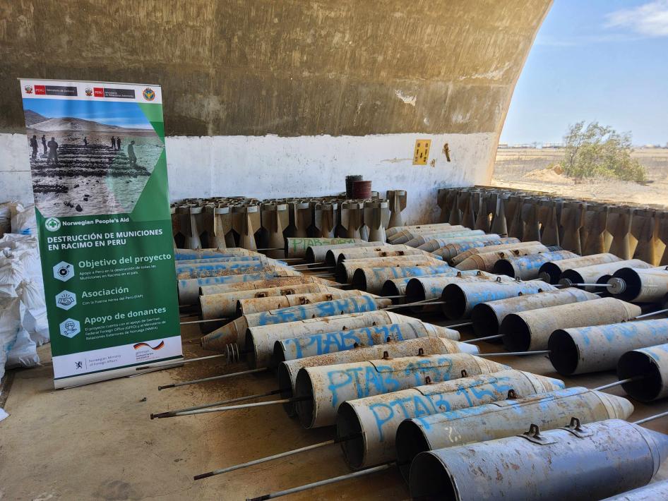 Stockpiled cluster munitions and their submunitions being prepared for destruction.