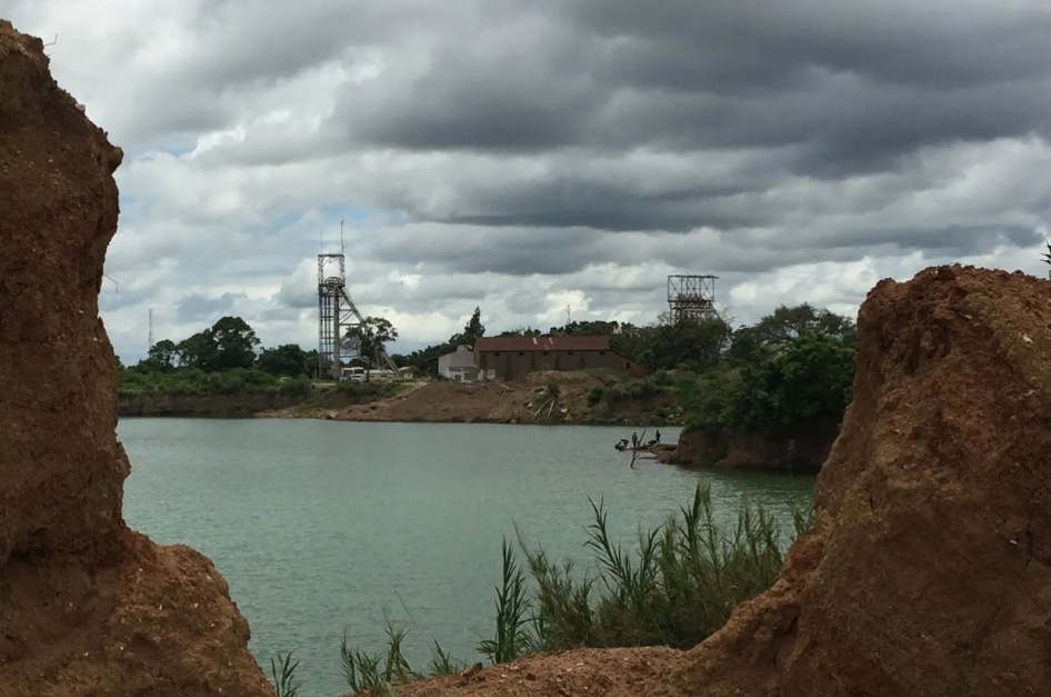 View of a former mine pit, now flooded, at the old mine site in Kabwe.
