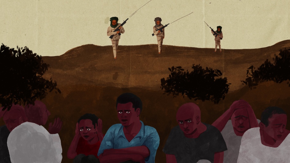 An artist’s depiction of an eyewitnesses’ description of how the RSF, militias, and local Arab people pursued, ambushed, abused, and looted people—overwhelmingly Massalits—who ran for their lives toward Chad in mid-June 2023. 