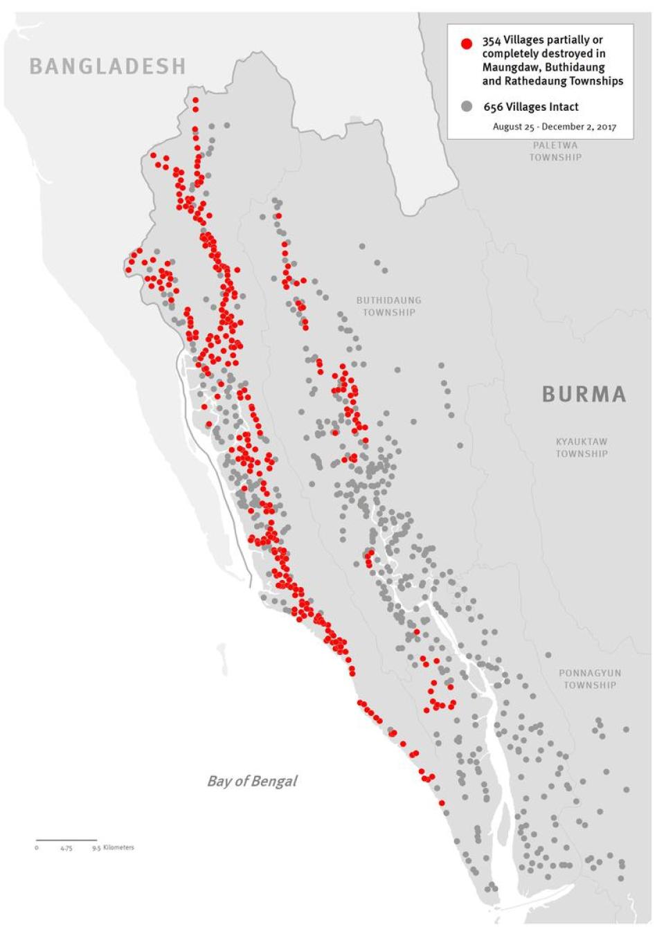 最新分布图显示2017年10月到11月若开邦北部罗兴亚村落被摧毁情形。