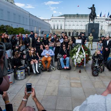 People with disabilities and supporters protest outside the presidential palace to demand a new law on personal assistance, Warsaw, Poland.