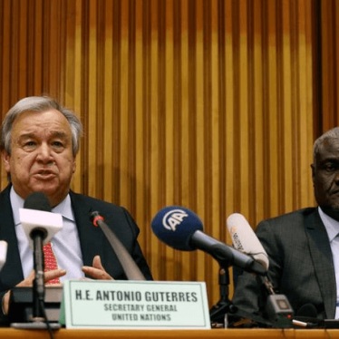 United Nations Secretary-General António Guterres (left) flanked by the African Union Commission Chairperson Moussa Faki addresses a news conference at the AU Commission headquarters in Addis Ababa, Ethiopia, July 9, 2018
