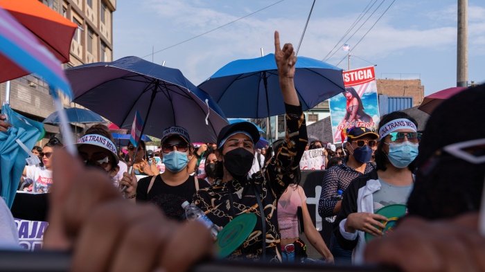 Organizations march to demand faster investigations and justice in cases of transphobic violence in Lima, Peru, on February 22, 2023.