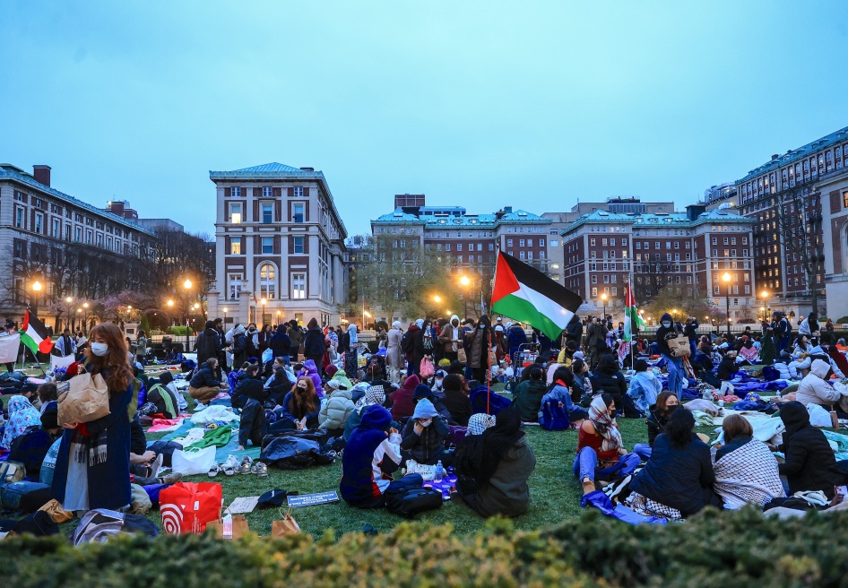 Pro-Palestinian student protesters at a demonstration at Columbia University on the third day of "Gaza Solidarity Encampment" in New York, US, April 19, 2024.