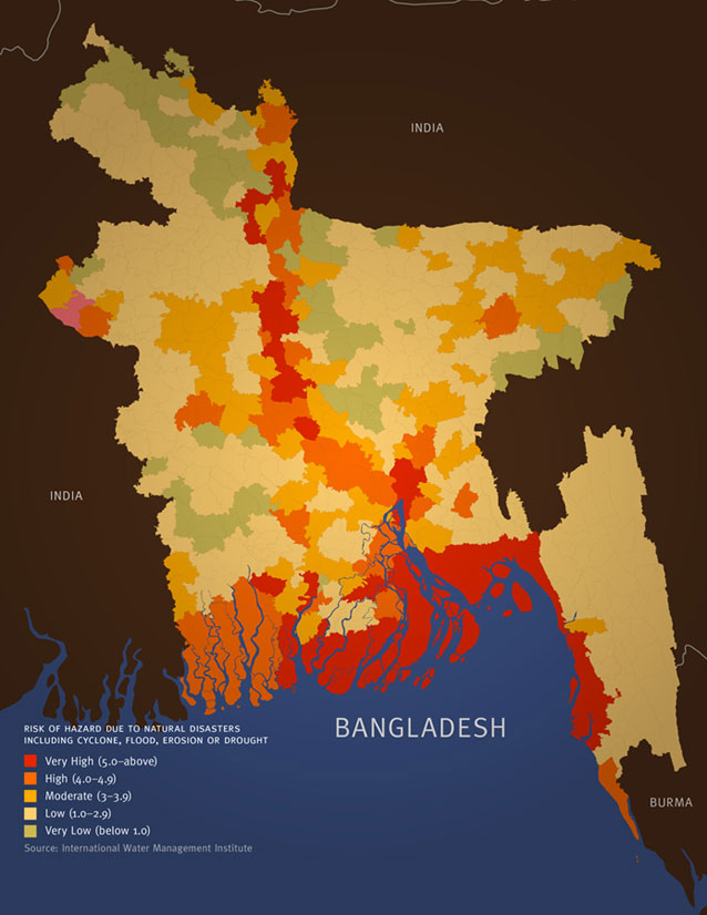 Map showing risk of hazard due to natural disasters including cyclone, flood, erosion or drought for populations living in Bangladesh. 