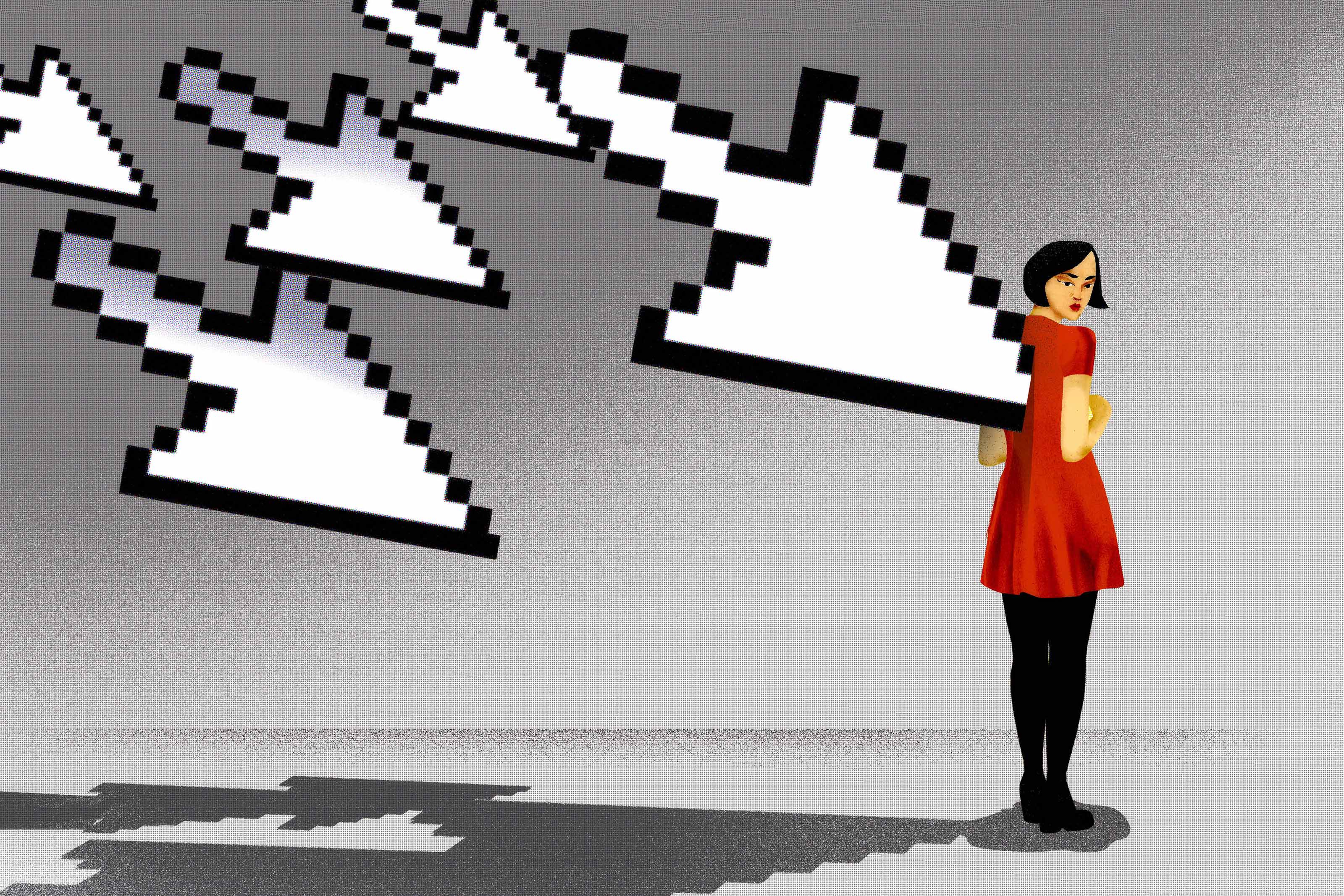 An illustration of a pointer icons flying towards a woman in a dress