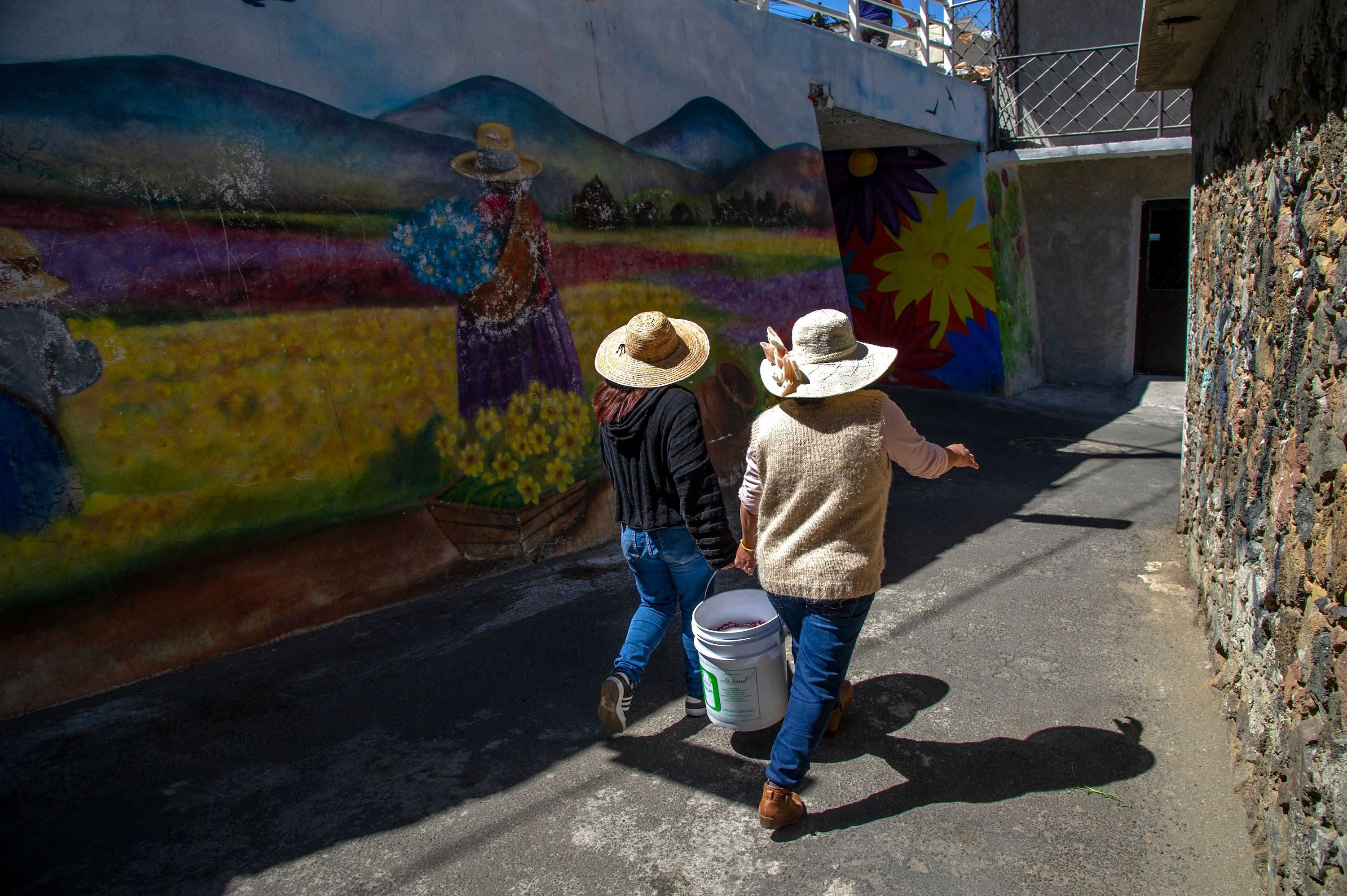 Ana (derecha) y Leticia, integrantes del colectivo Mujeres de la Tierra, caminan con maíz hacia un molino vecinal, en Milpa Alta, Ciudad de México, el 16 de febrero de 2021. El colectivo comenzó en mayo de 2020, como una forma de ayudar a las sobrevivientes de violencia doméstica a generar un ingreso en medio de la pandemia de COVID-19.
