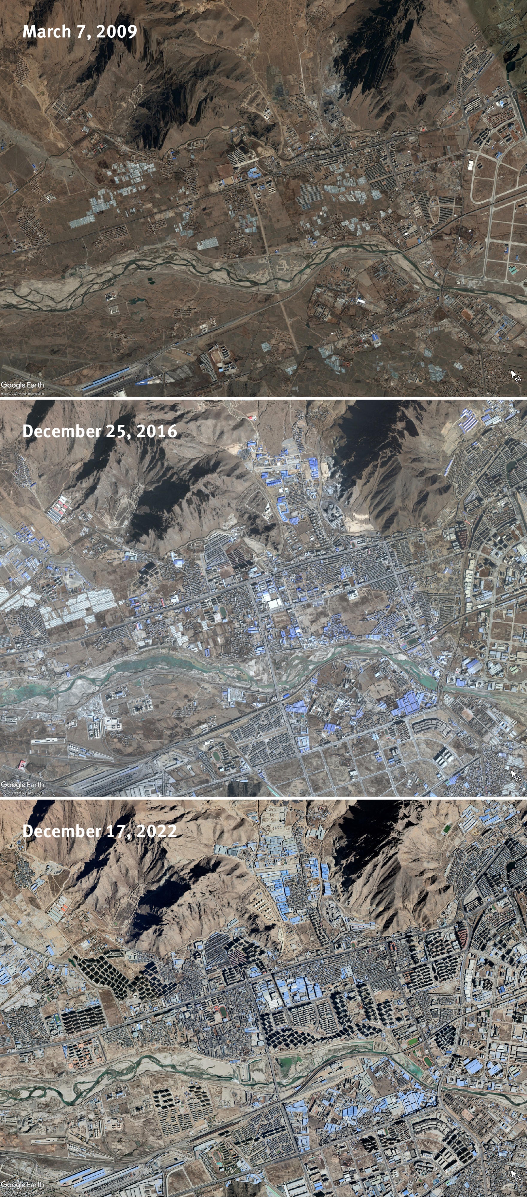 Satellite imagery showing urbanisation of the Sangmo village area at 3 different years