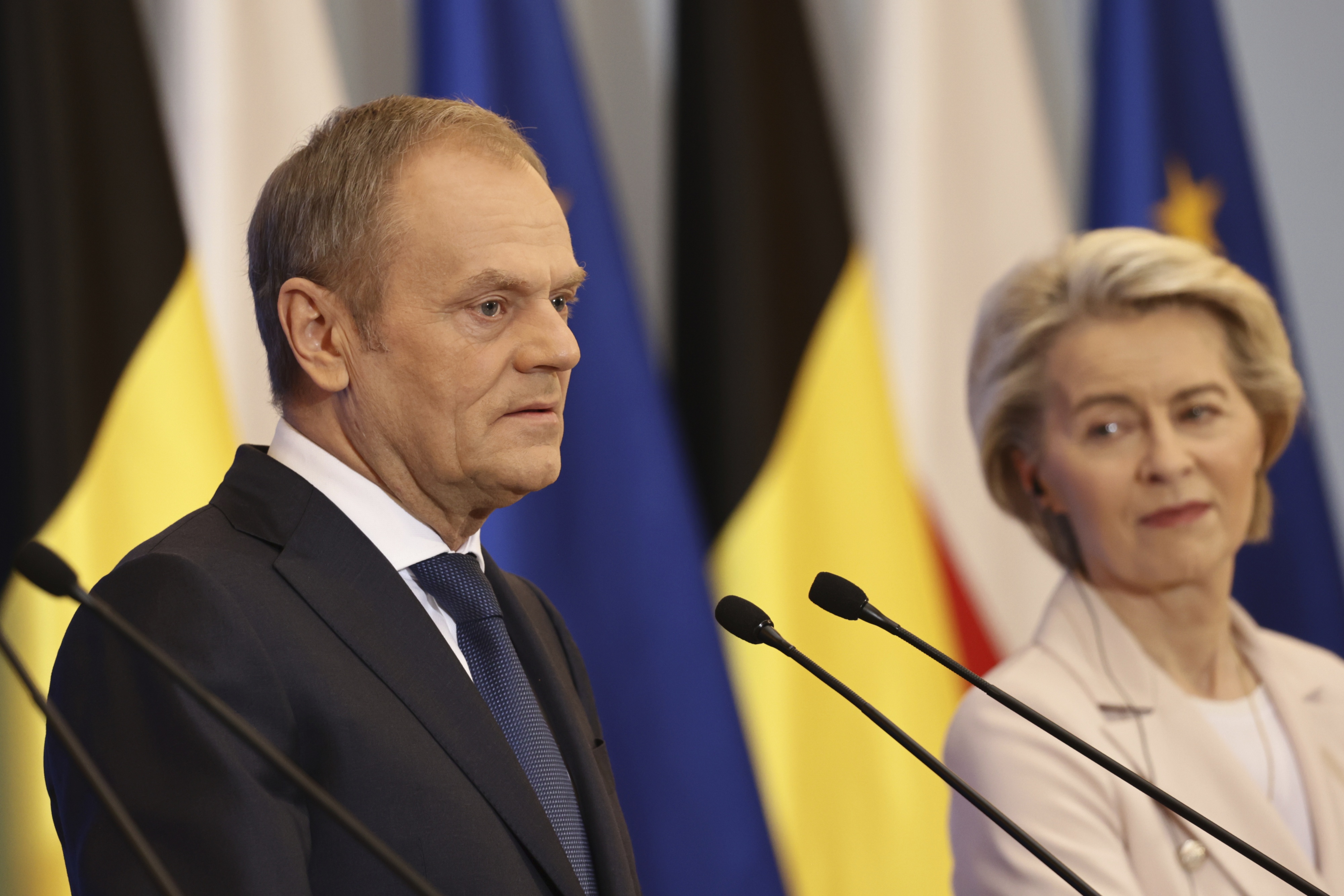 Prime Minister of Poland Donald Tusk and President of the European Commission Ursula von der Leyen during press conference after their meeting in Warsaw, Poland, February 23, 2024.