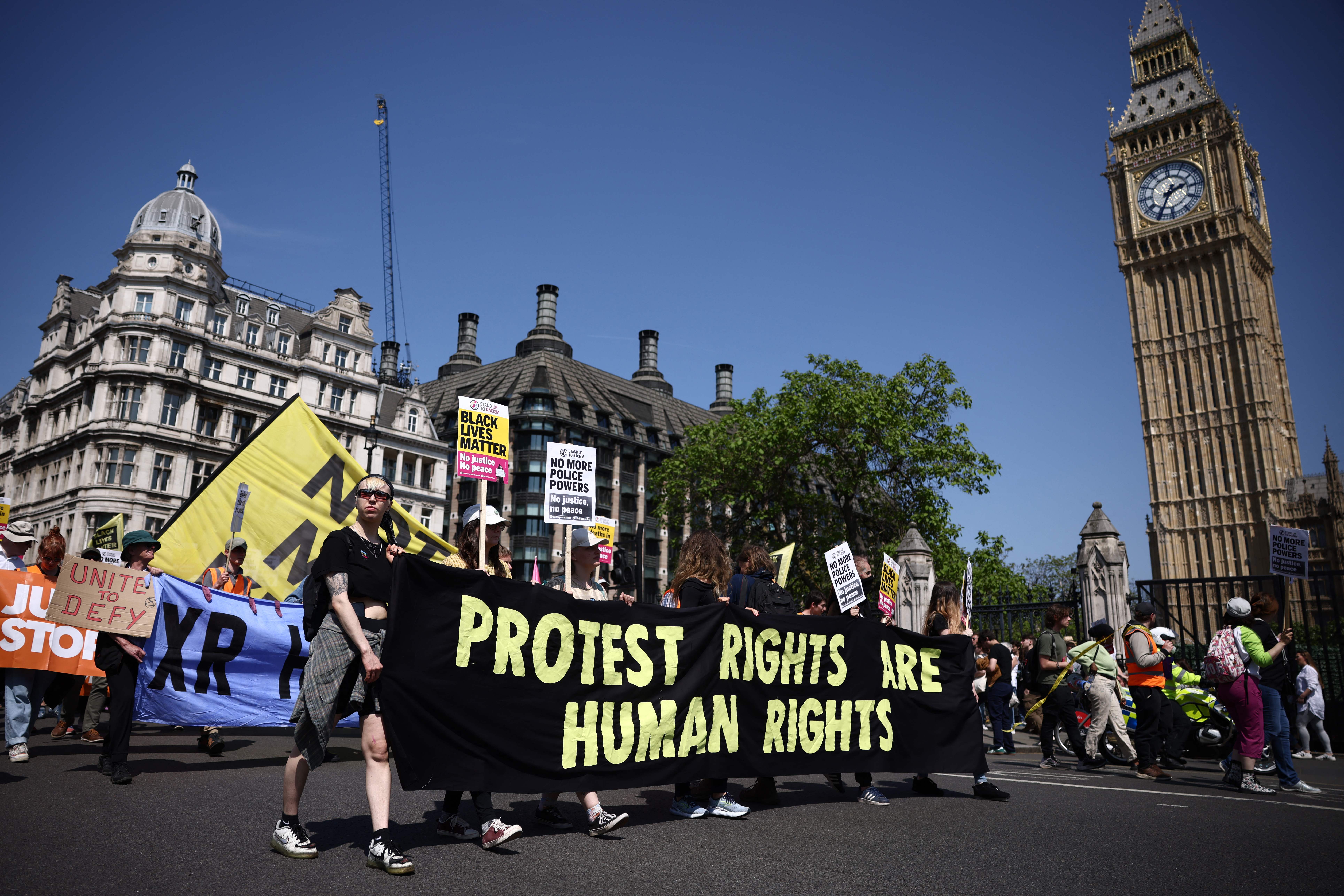 People march for the "Not My Bill protest" to demonstrate against the government's anti-protest laws, anti-strike laws, anti-traveler laws and the illegal migration bill, London, United Kingdom, May 27, 2023. 