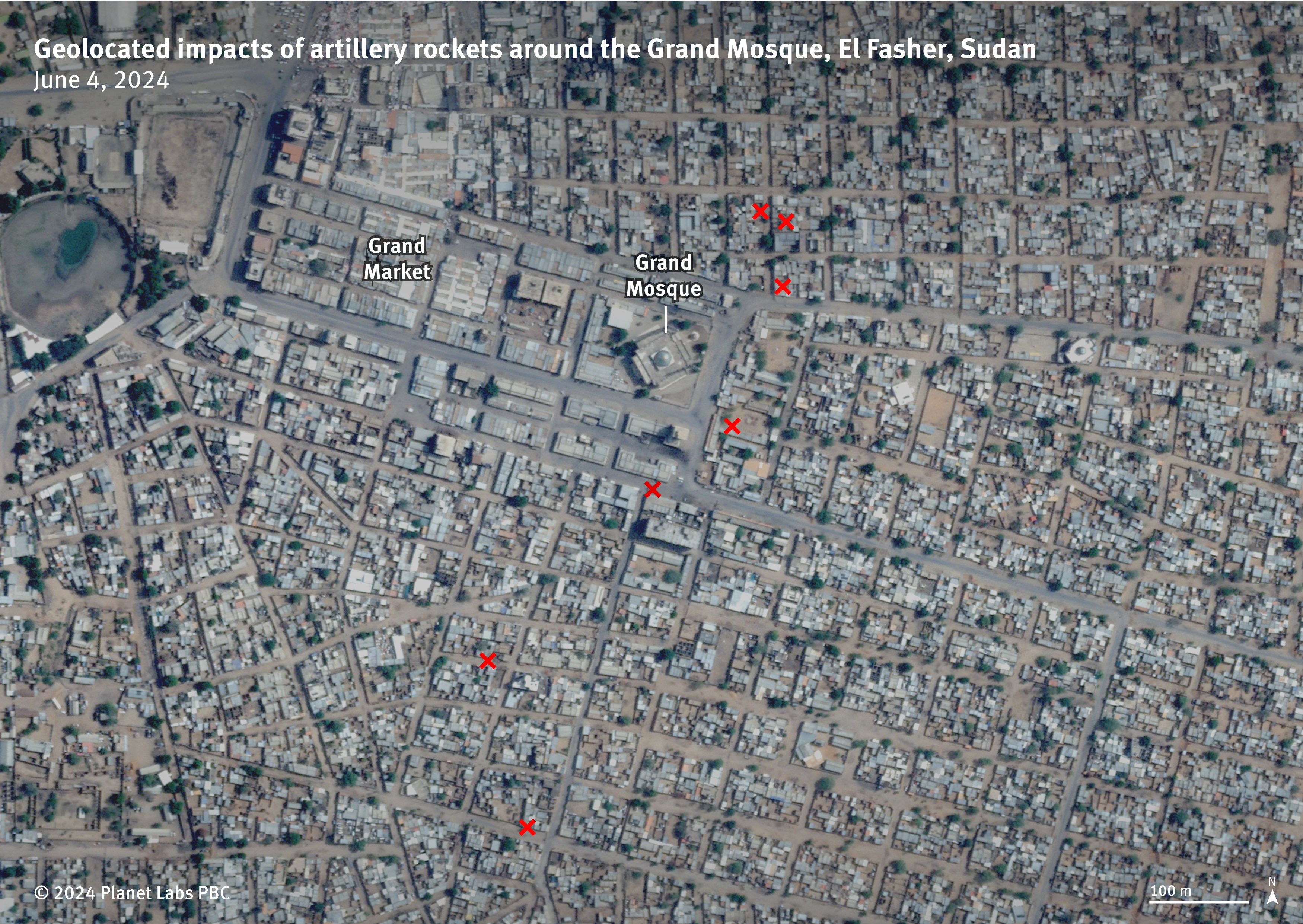 Human Rights Watch geolocated from a video the impacts of artillery rockets hitting residentials areas on June 3 around the Grand Mosque and Grand Market in central El Fasher, North Darfur, Sudan. 