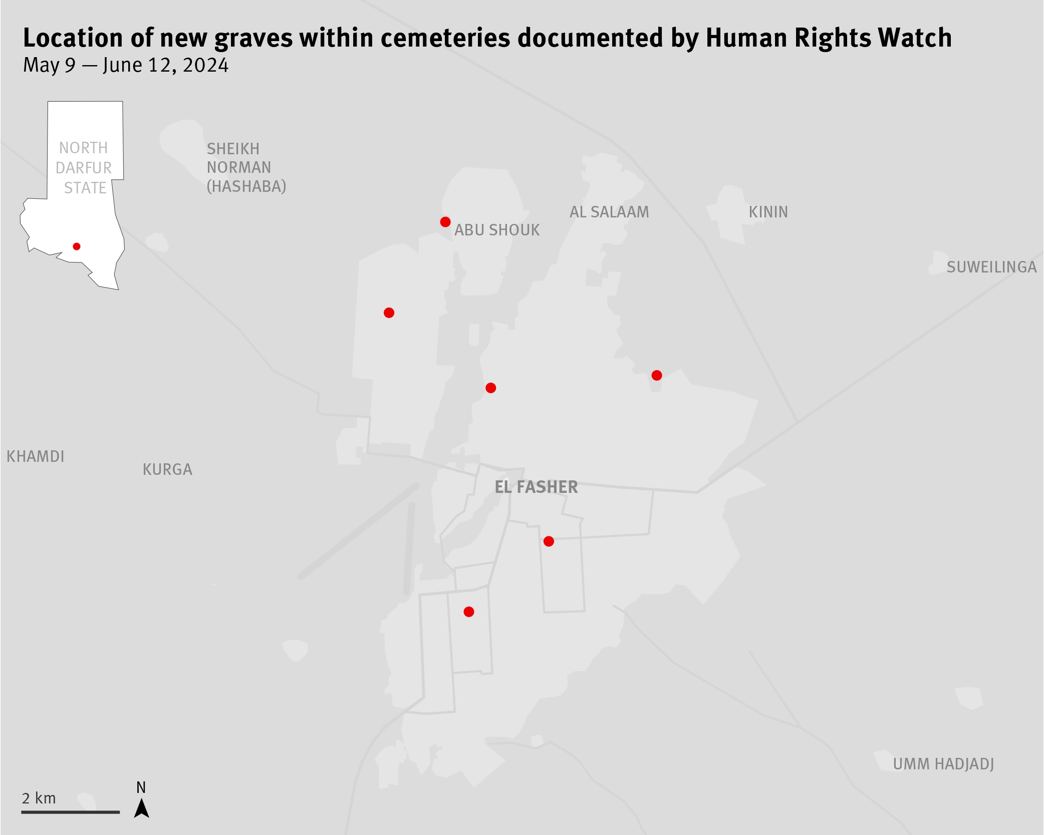 Emplacement de cimetières (points rouges) dans lesquels une hausse notable du nombre de tombes a pu être décelée par Human Rights Watch via une analyse d’images satellite entre le 9 mai et le 12 juin 2024.