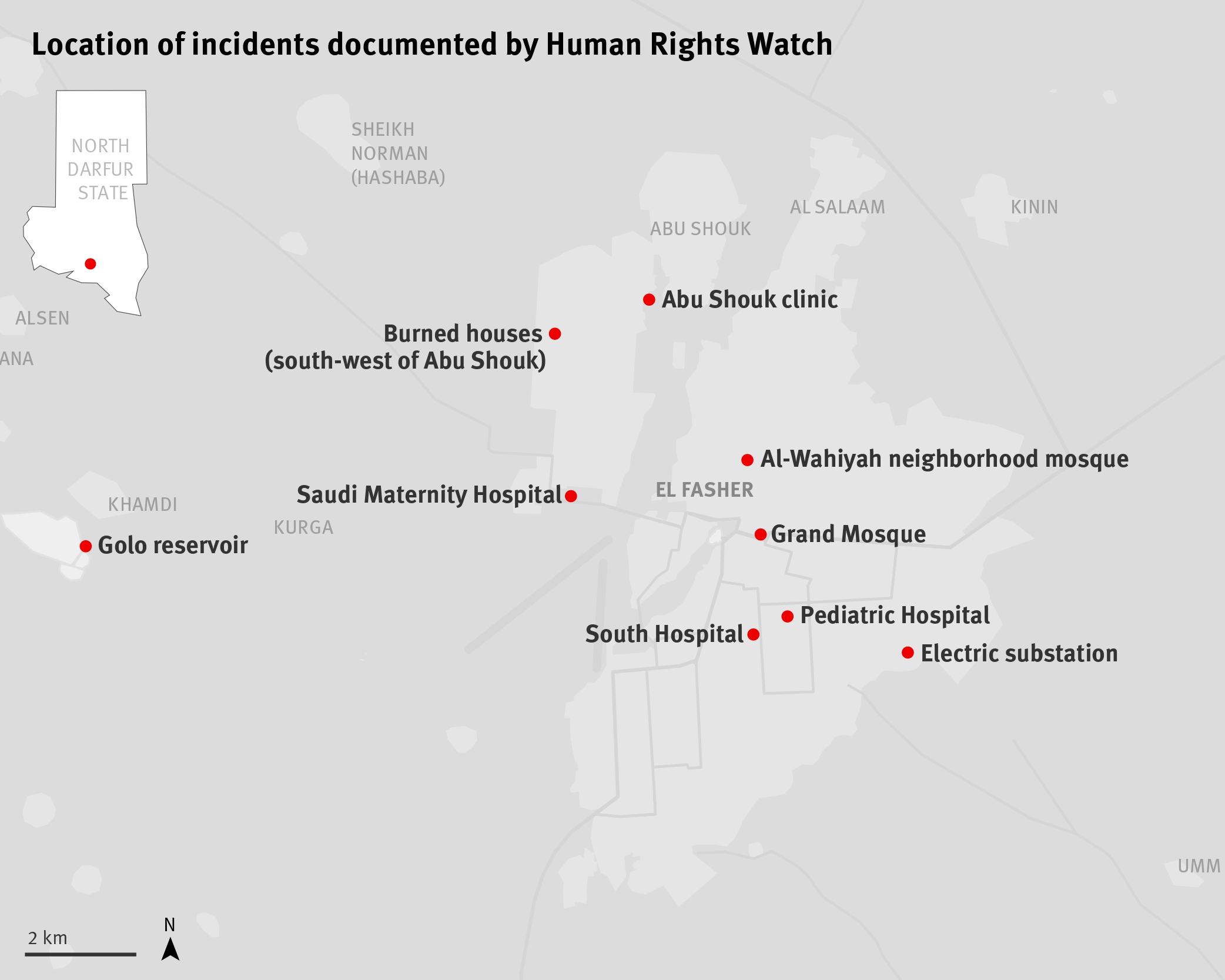 Location of the incidents documented by Human Rights Watch in El Fasher, North Darfur, Sudan. 