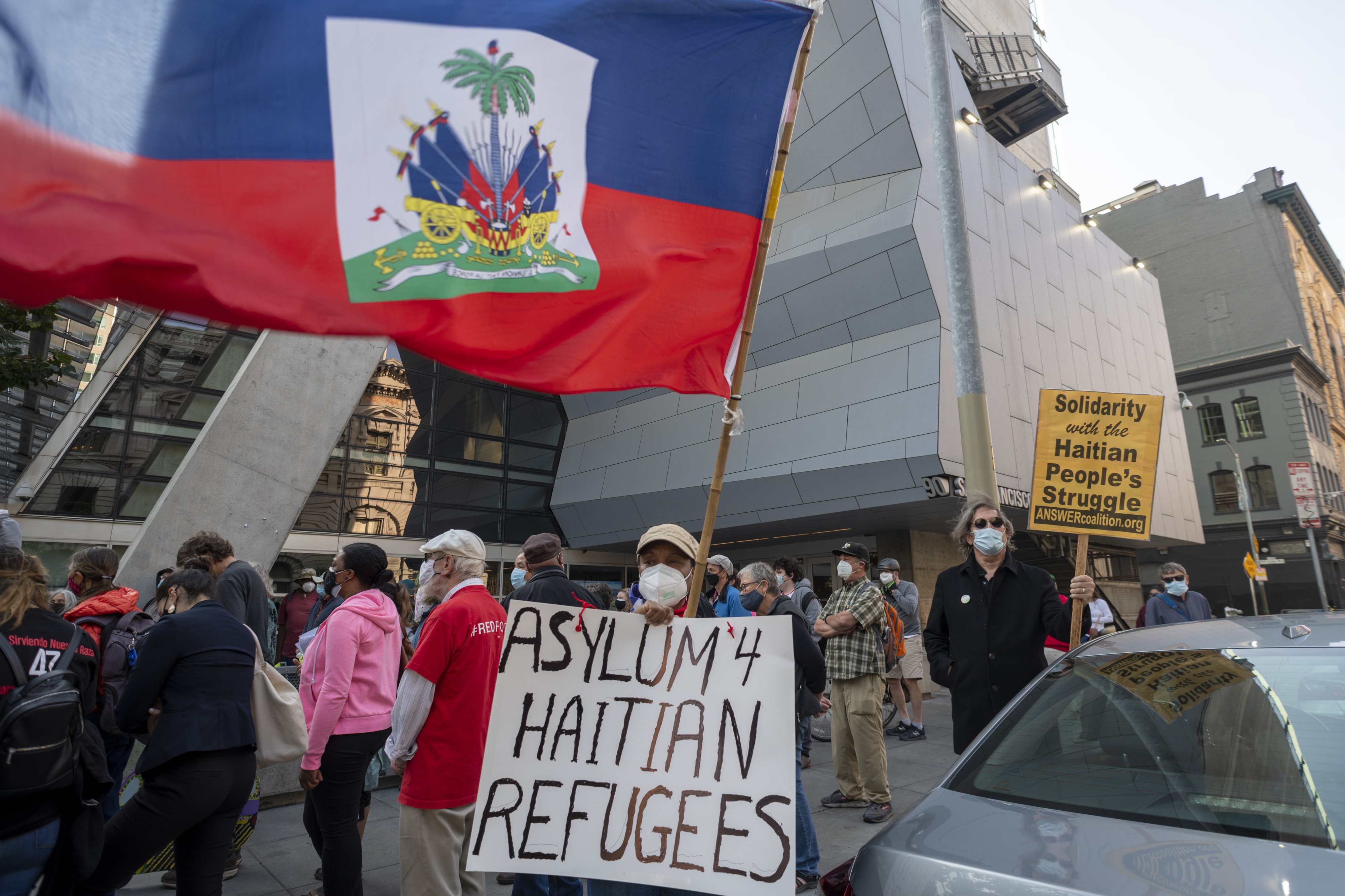 People gather in front of the San Francisco Federal Building to protest the Biden administration's handling of the Haitian refugee crisis in San Francisco, California, US, September 24, 2021.