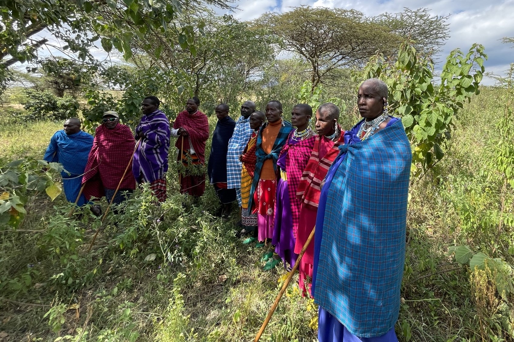 A group of Maasai women and men in traditional Maasai clothing and jewelry