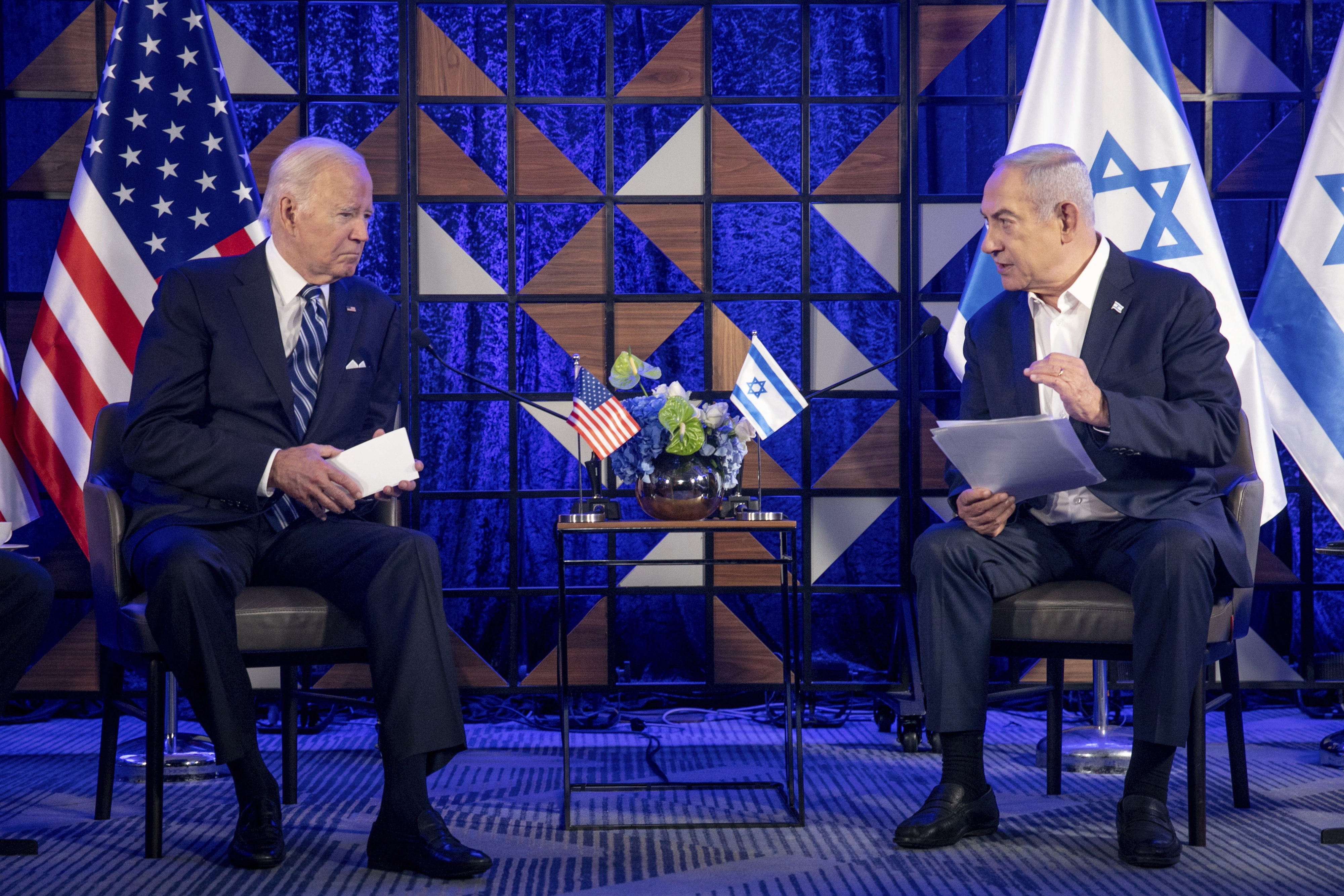 US President Joe Biden, left, meets with Israeli Prime Minister Benjamin Netanyahu, in Tel Aviv, Israel, on October 18, 2023.