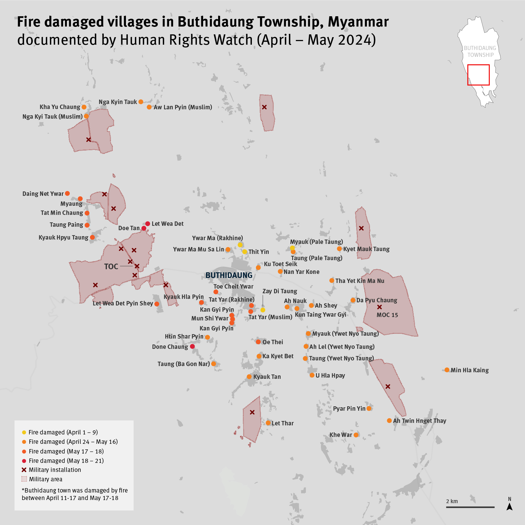 Villages de la commune de Buthidaung (État de Rakhine) au Myanmar, endommagés par des incendies criminels en avril et mai 2024.