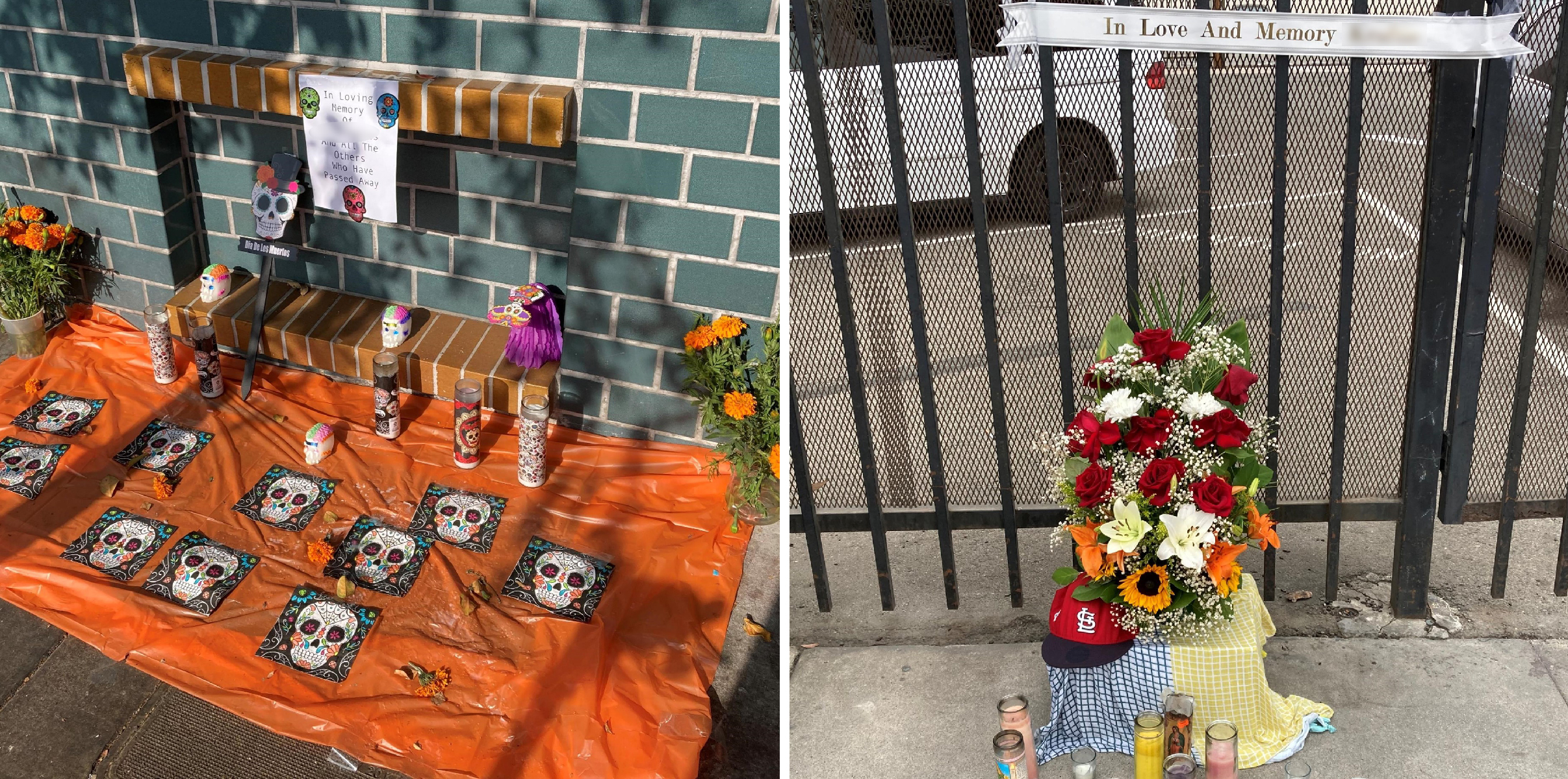 Two photos of sidewalk memorials