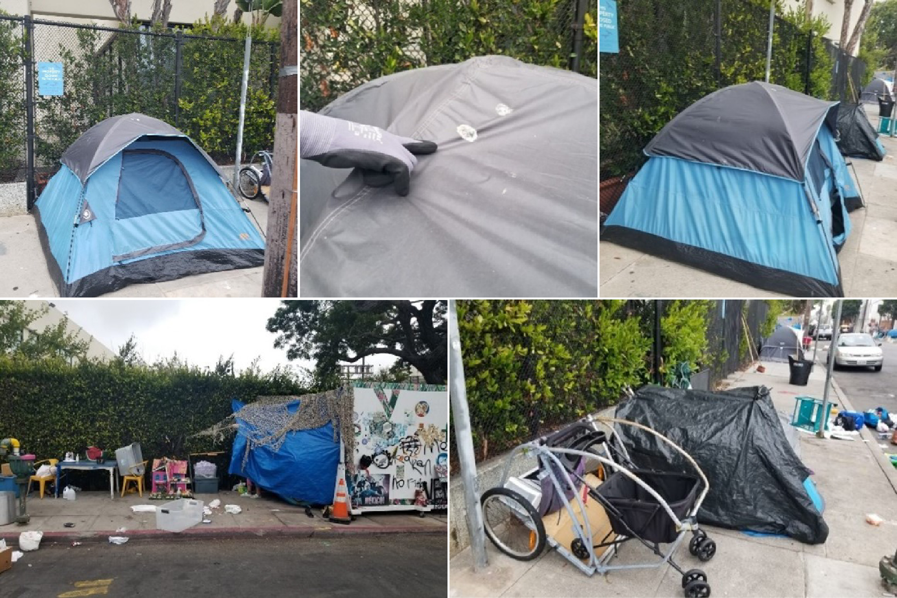 5 photos of a tent encampment