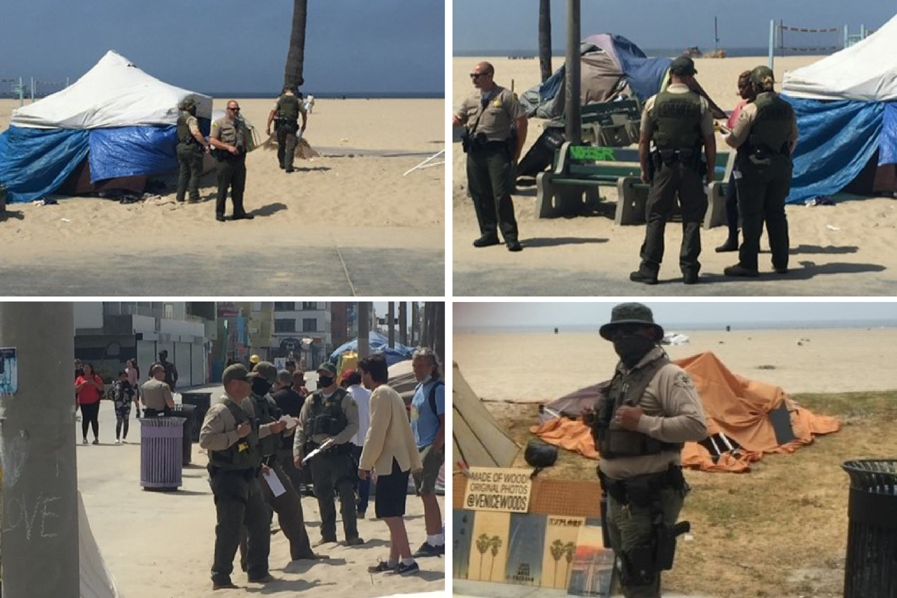 Collage of 4 photos of police officers on a beach