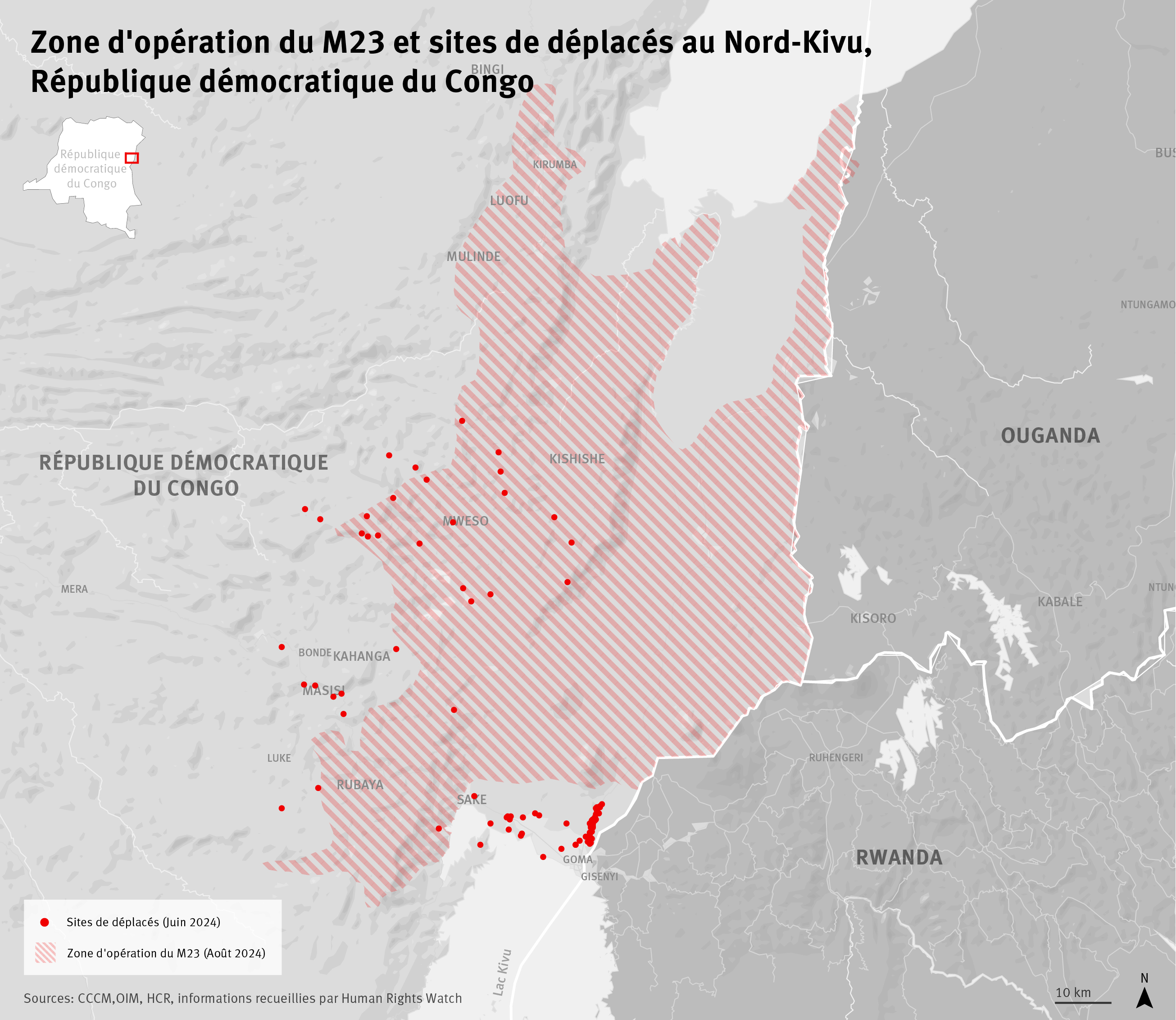 Carte de la zone d'opération du M23 en août 2024 et des sites de déplacés en juin 2024 au Nord-Kivu, République démocratique du Congo. Données