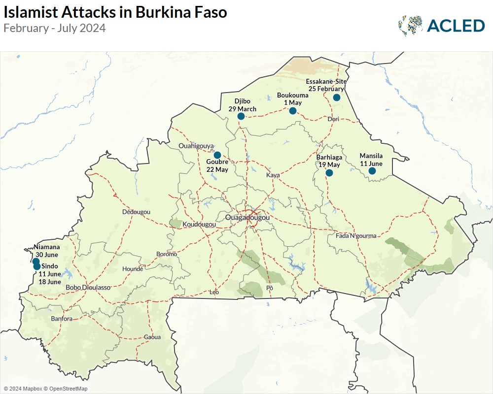 Locations of Islamist armed groups attacks in Burkina Faso from February to July 2024.