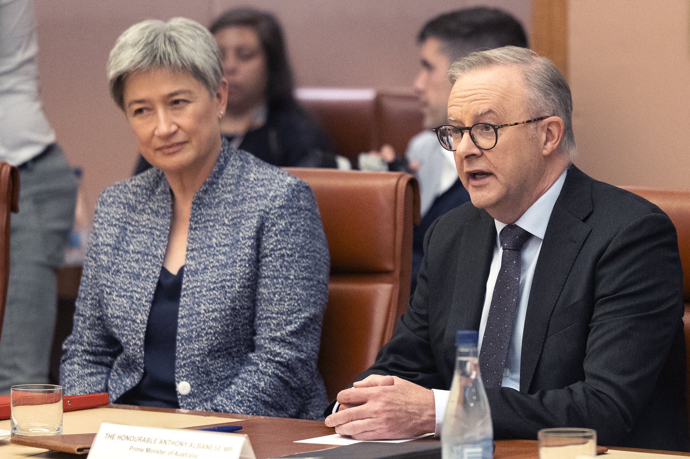 Australia's Minister for Foreign Affairs Penny Wong (L) and Prime Minister Anthony Albanese during a meeting in Parliament House in Canberra, December 7, 2023. 