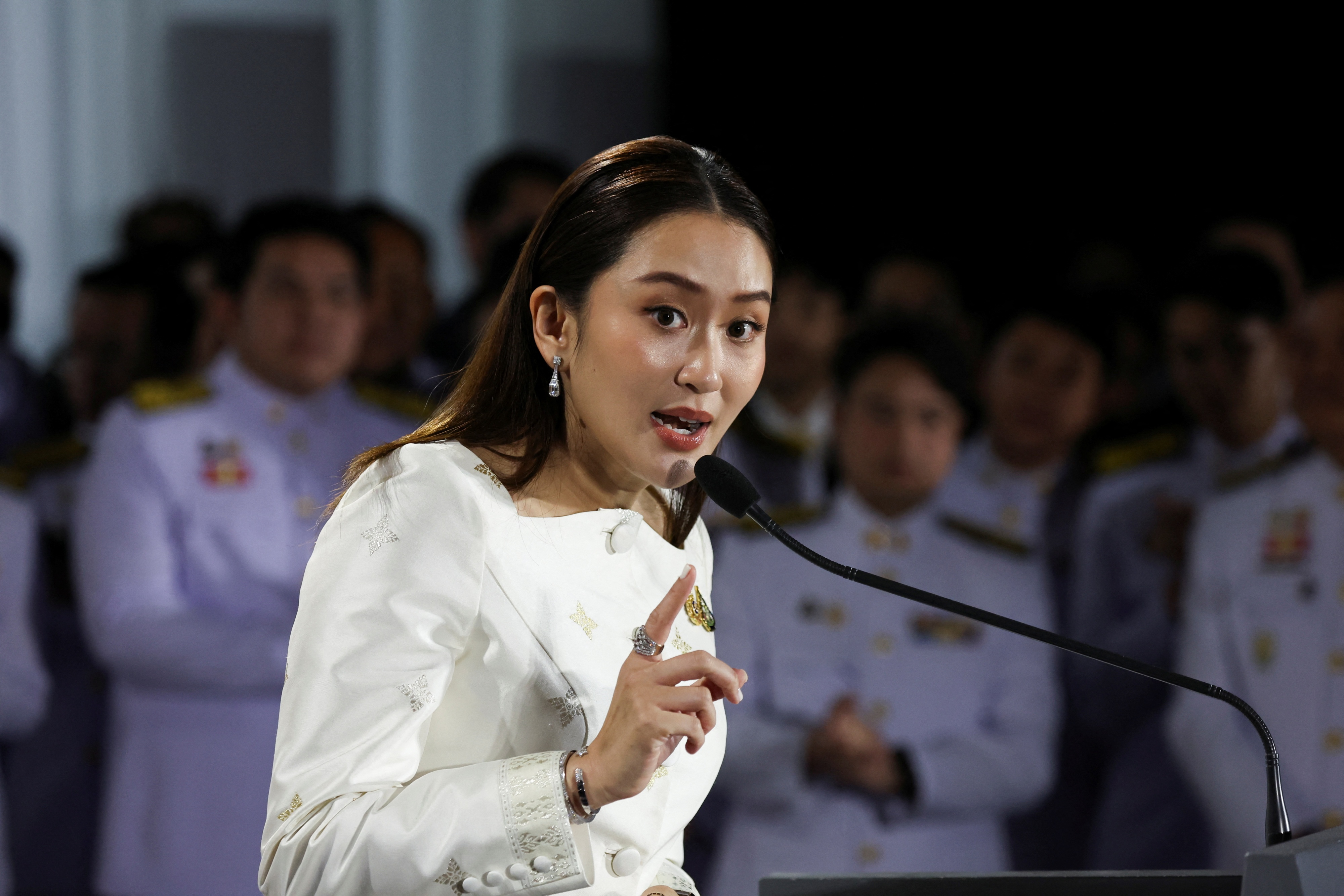  Thailand's Prime Minister Paetongtarn Shinawatra speaks during a press conference at the Pheu Thai party headquarters in Bangkok, Thailand, August 18, 2024.