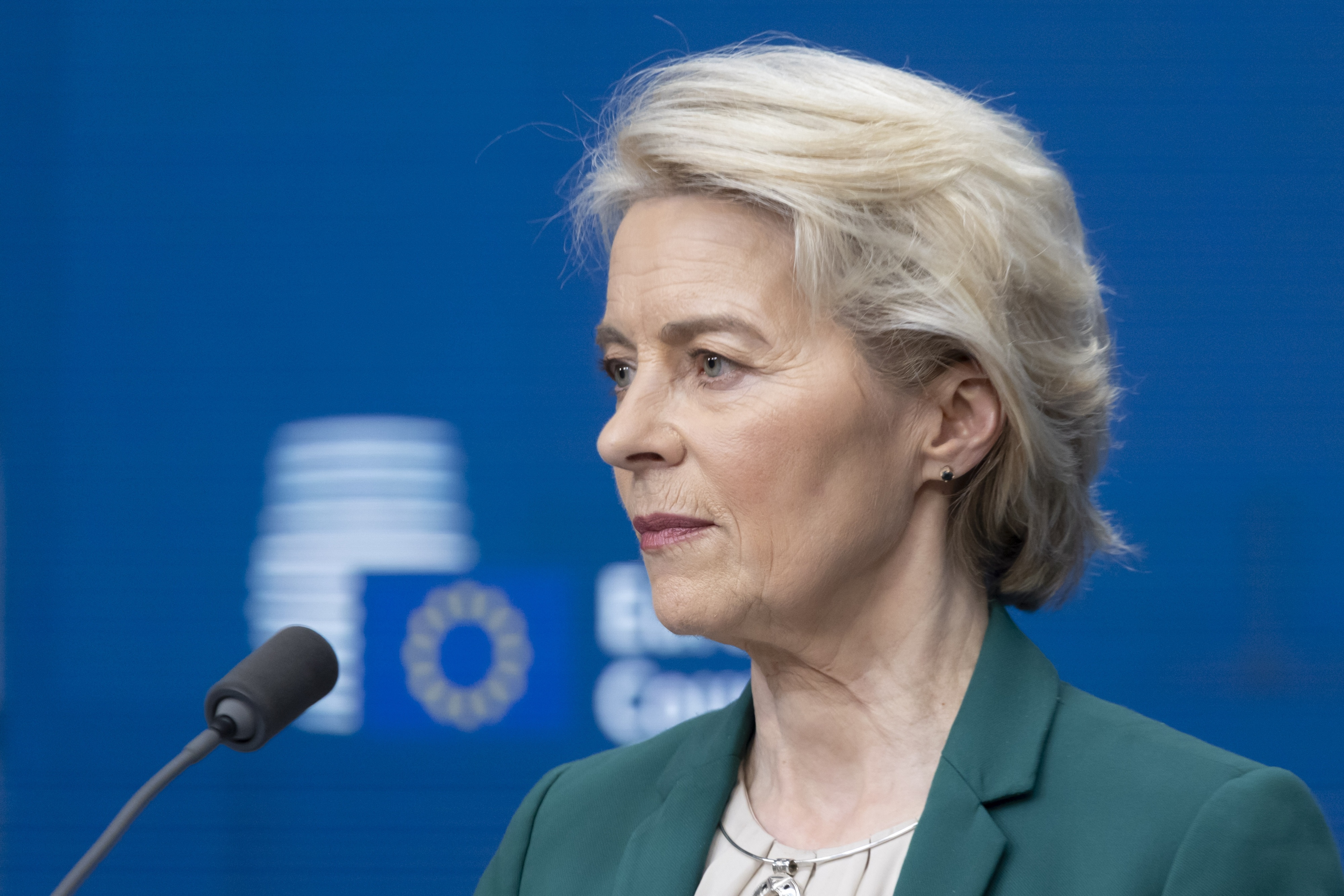 President of the European Commission, Ursula von der Leyen, holds a press conference at EU headquarters in Brussels on March 22, 2024. 