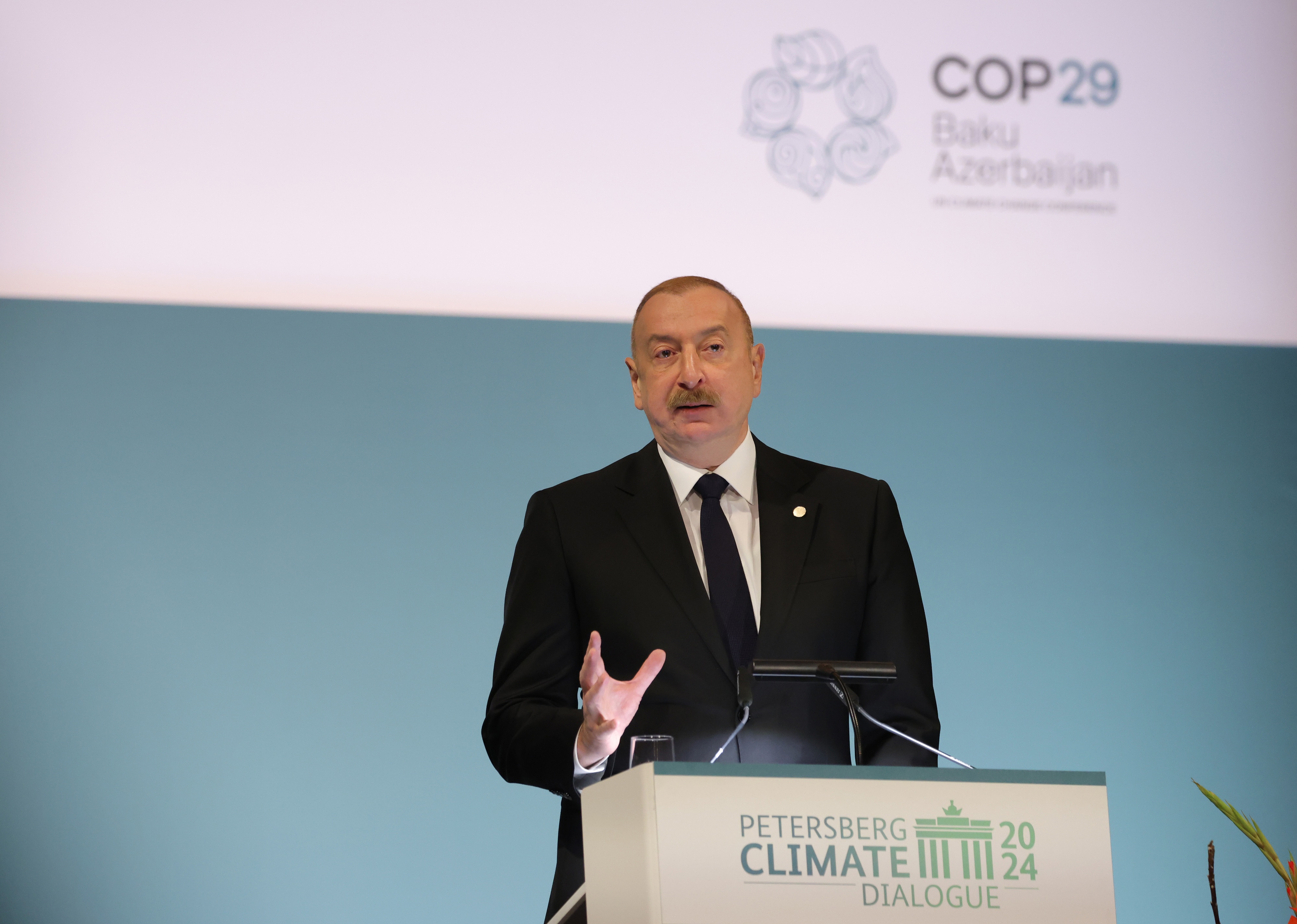 President Ilham Aliyev of Azerbaijan speaks on day two of the Petersberg Climate Dialogue in Berlin, Germany, April 26, 2024.