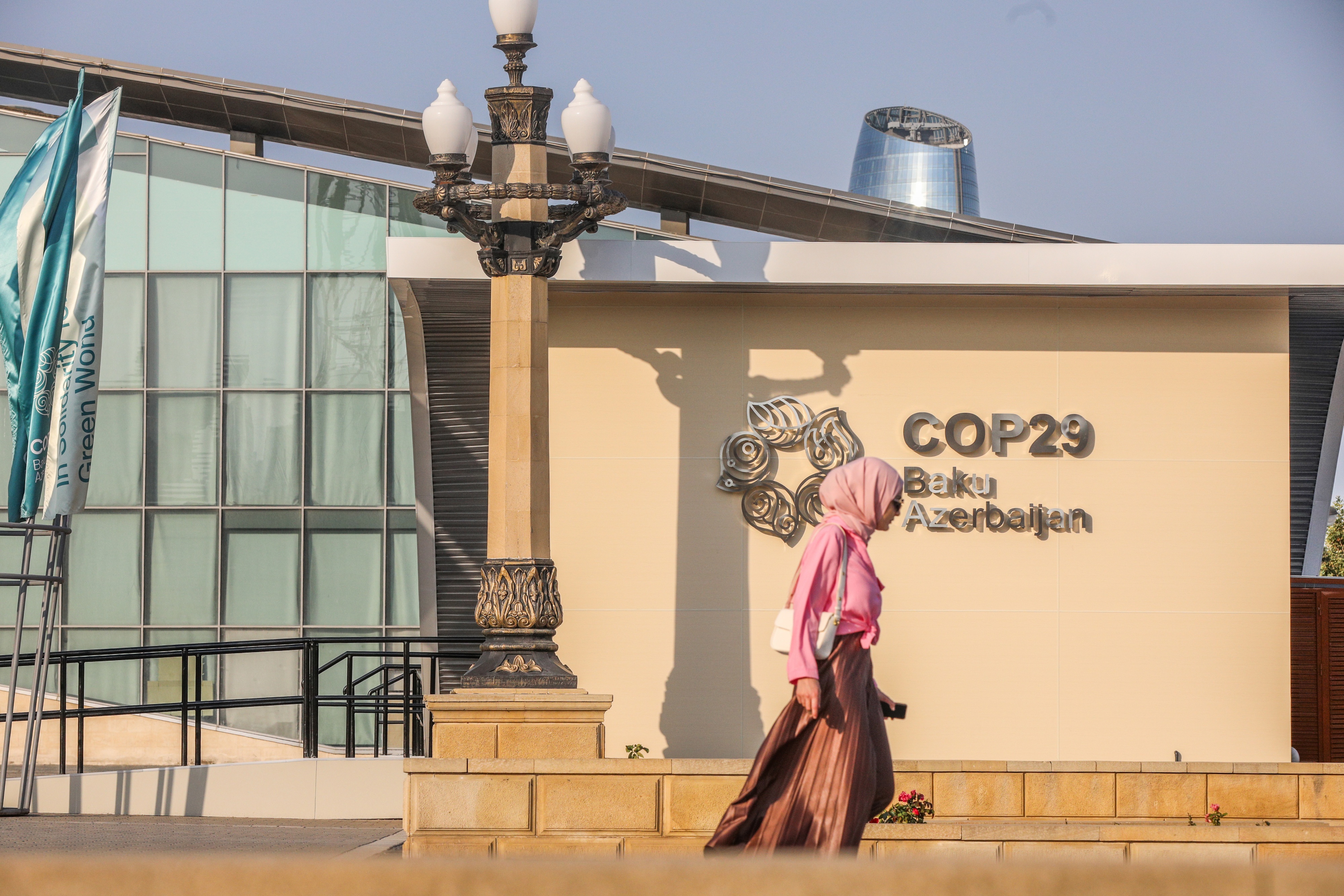 The COP29 stand at Baku Boulevard in Baku, Azerbaijan, July 28, 2024.