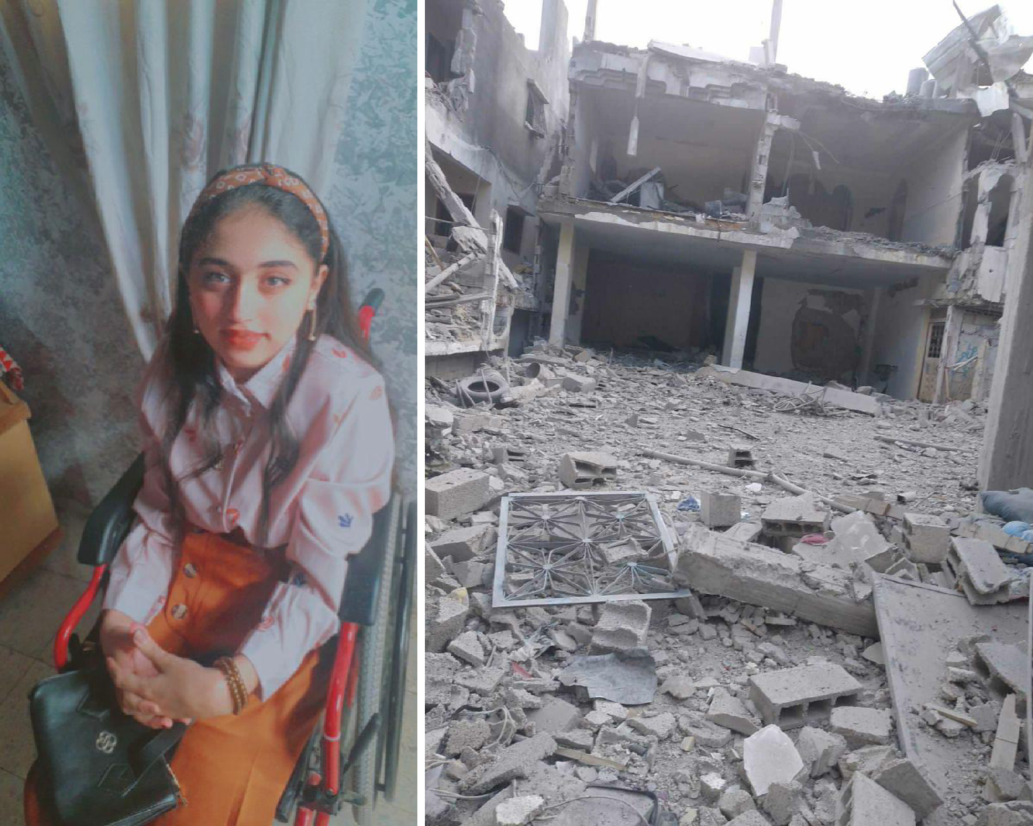 Left photo shows a young girl posing, the right photo shows a destroyed home