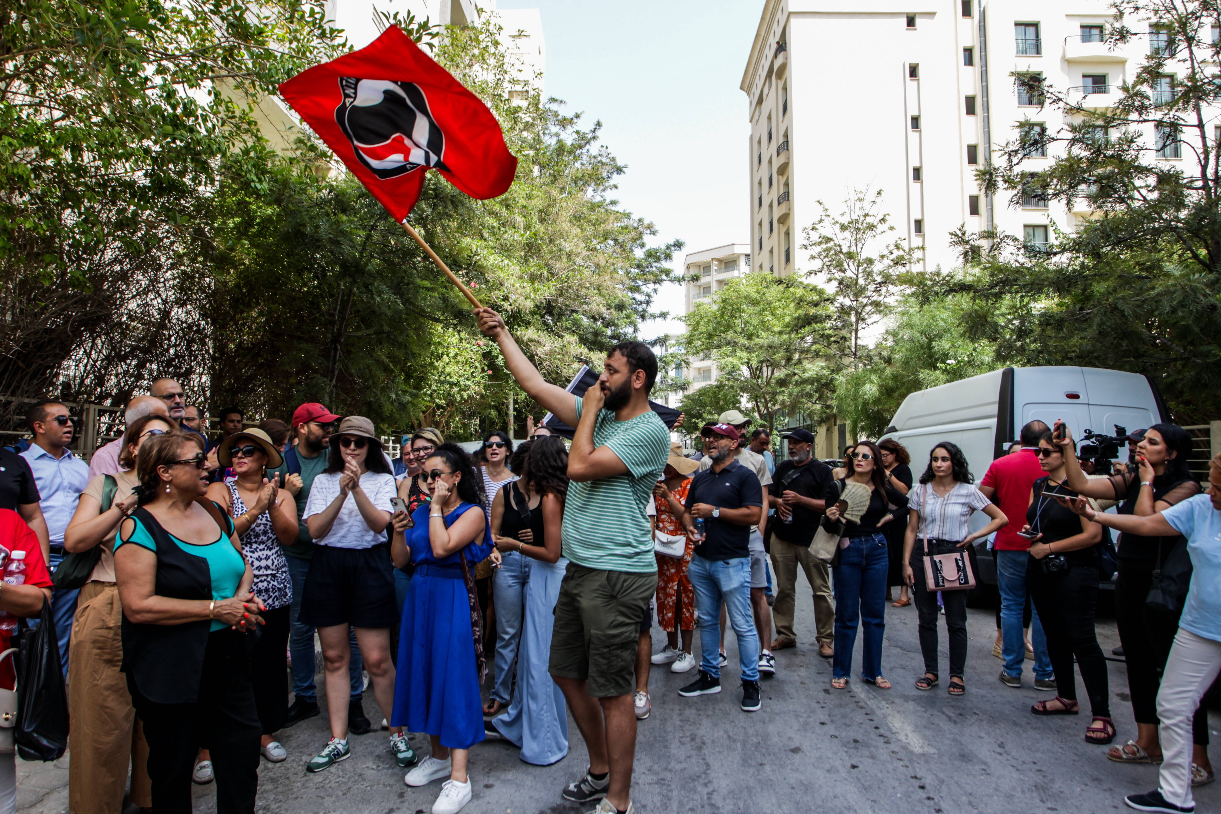 A demonstration in front of the Independent High Authority for Elections building against their decision to accept the candidacy of the current president, Kais Saied, and two other candidates, Zouhair Maghzaoui and Ayachi Zammel, running in the presidential elections, Tunis, Tunisia, September 2, 2024.