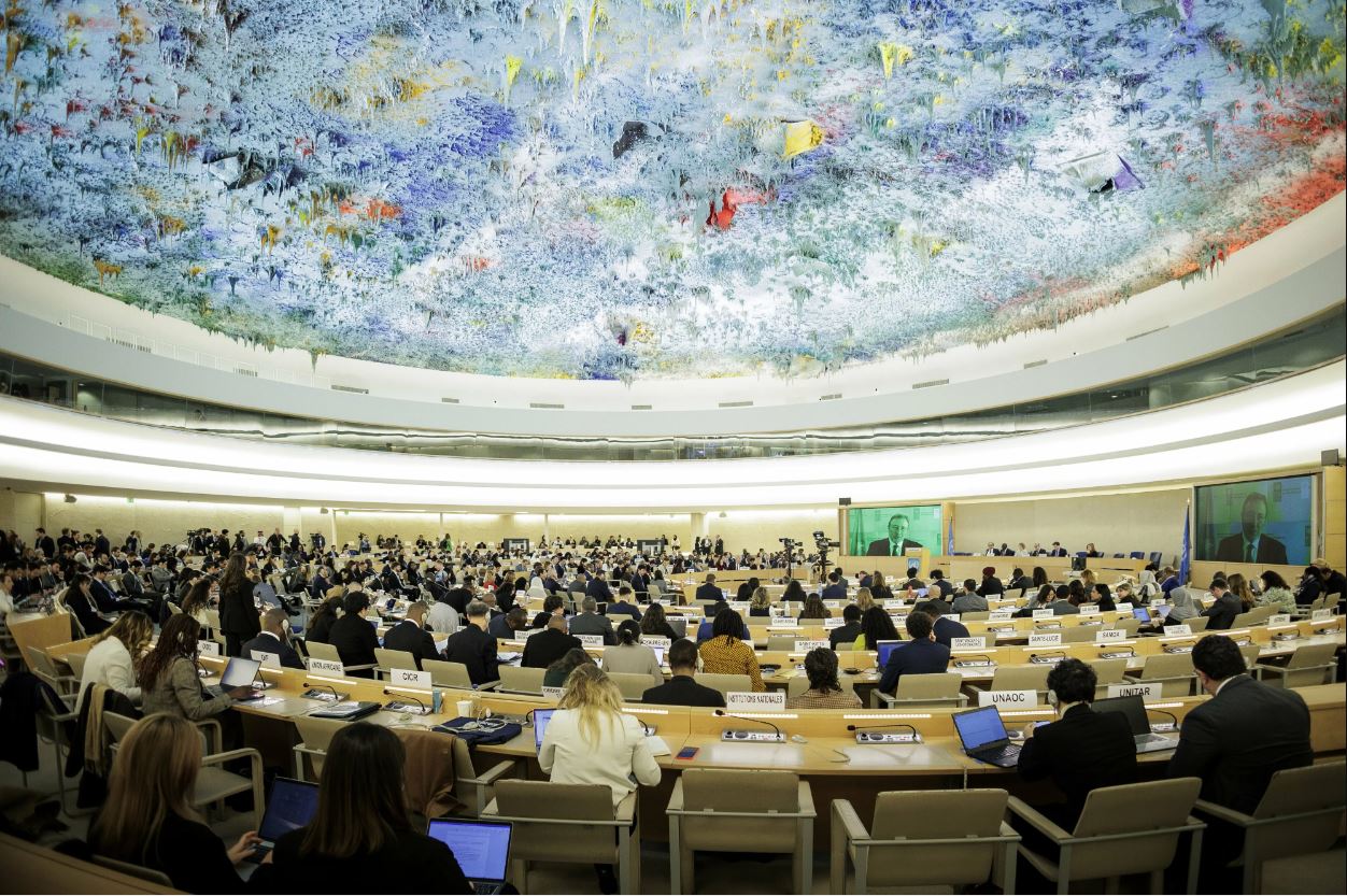 Une séance du Conseil des droits de l'homme des Nations Unies lors de la 55ème session de ce Conseil au Palais des Nations à Genève, le 26 février 2024.