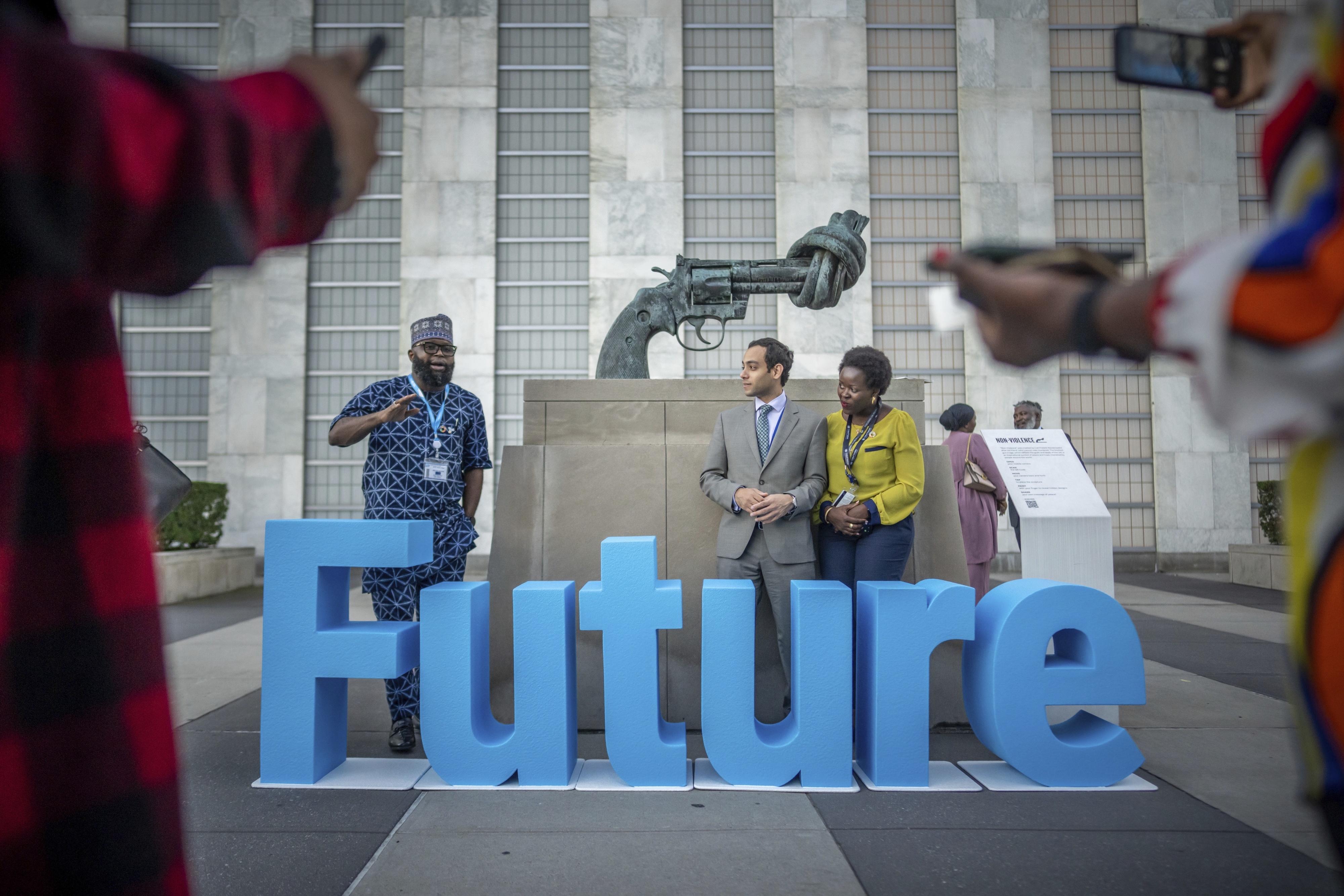 The artwork "Non Violence" by artist Carl Fredrik Reuterswärd before the start of the United Nations Future Summit in New York, September 21, 2024. 