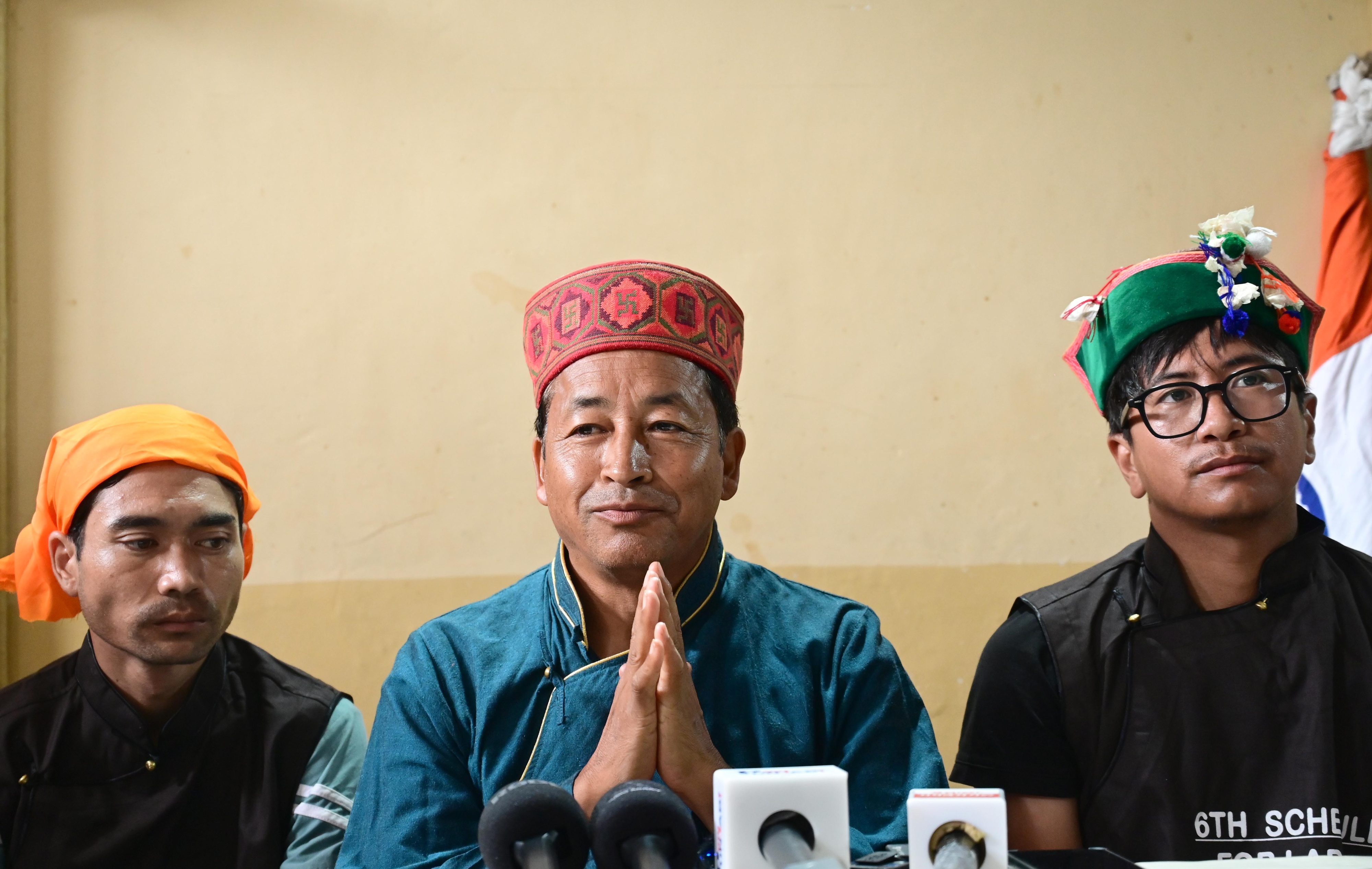 Ladakh environmental activist Sonam Wangchuk speaking with the media on the Chalo Delhi Climate March in Chandigarh, India, September 27, 2024. 