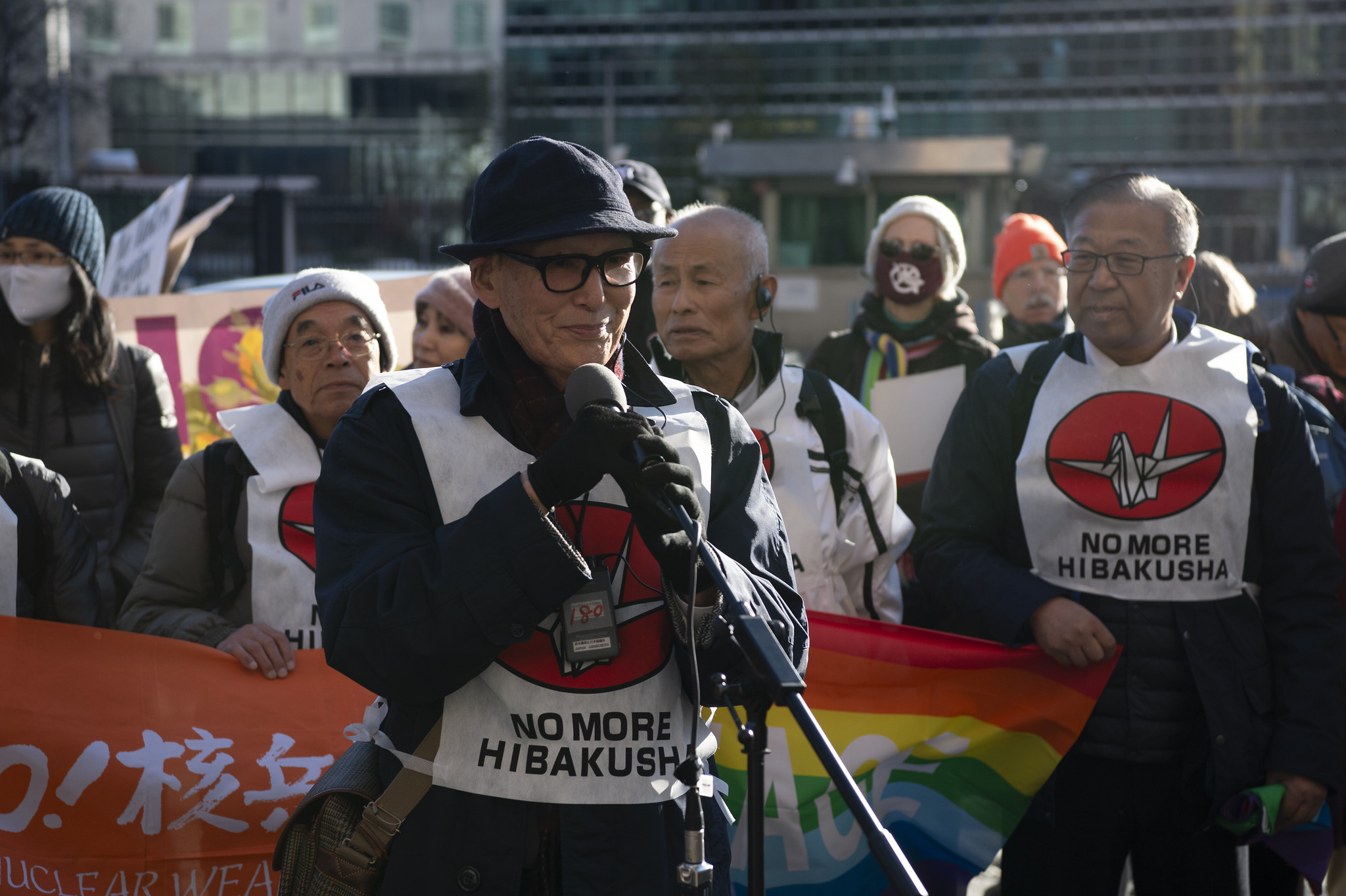 Atomic bomb survivors from Japan rally opposite the United Nations in New York during a meeting of the Treaty on the Prohibition of Nuclear Weapons, November 2023.