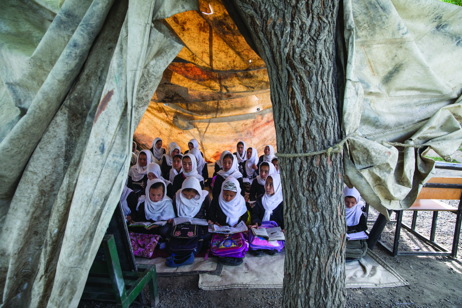 Girls study in a tent held up by a tree in a government school in Kabul, Afghanistan. Forty-one percent of all schools in Afghanistan do not have buildings and even when they do, they are often overcrowded, with some children forced to study outside.