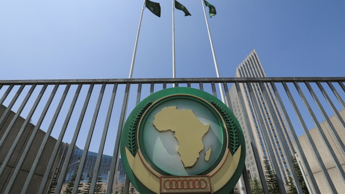 The African Union logo outside the AU headquarters building in Addis Ababa, Ethiopia. 