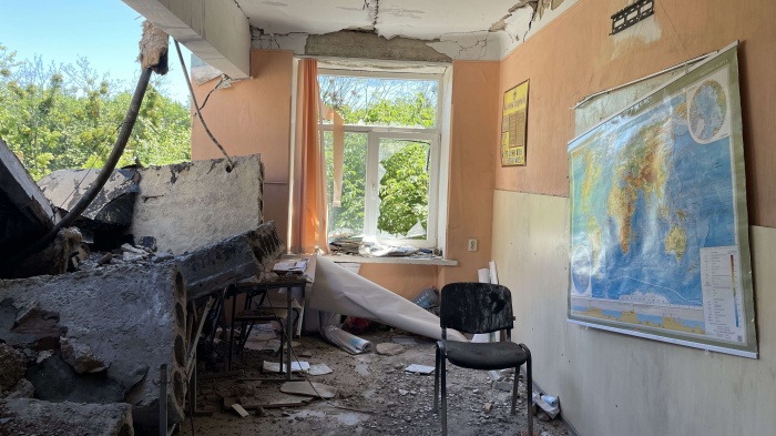 Rubble in a destroyed classroom