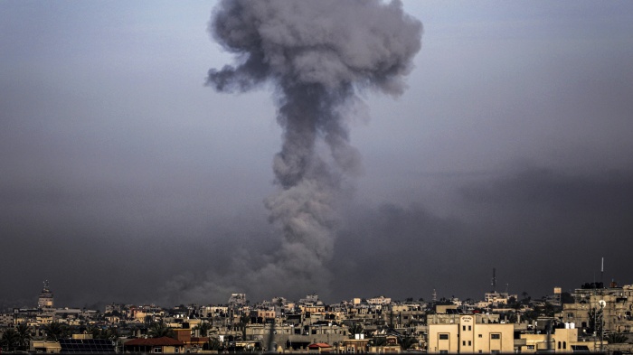 moke rises after an Israeli air strike on the city of Khan Yunis, Gaza, January 8, 2024. 