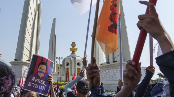 Protesters demonstrate against the detention of four democracy activists under the lese majeste (insulting the monarchy) law, Bangkok, Thailand, March 7, 2021.