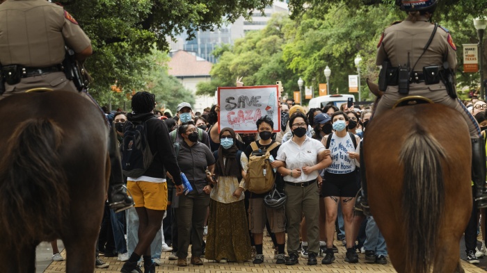 Pro-Palestinian demonstrators face off with Texas Department of Public Safety officers at the University of Texas at Austin in Austin, Texas, US, April 24, 2024.
