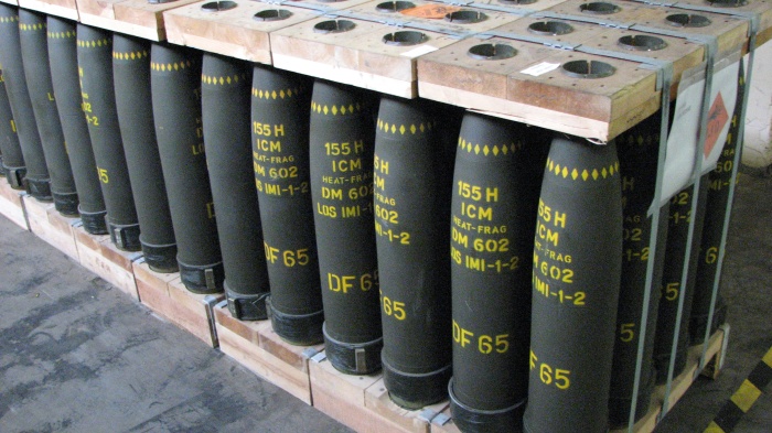 Photo shows stockpiles of 155mm cluster munition artillery projectiles. 