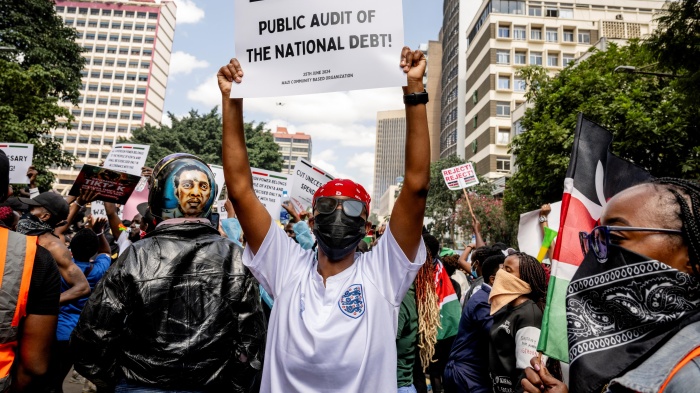 Protestors demonstrate against the Finance Bill 2024 in Nairobi, Kenya.